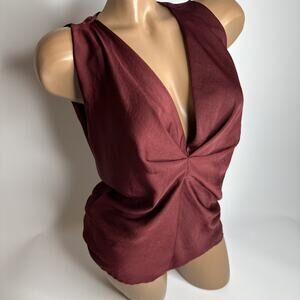 COREY Burgundy Twist Front Top M Deep V Drape Sleeveless Minimalist USA